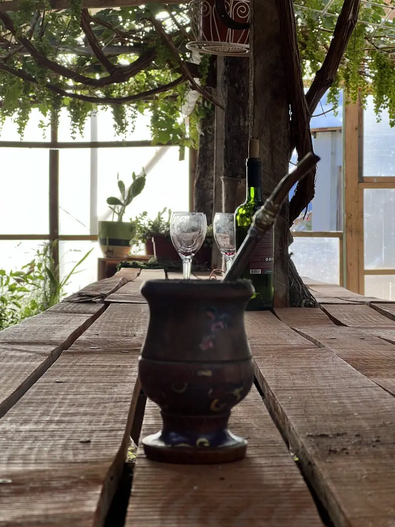 Un mate y dos copas en el mesón de madera del vivero