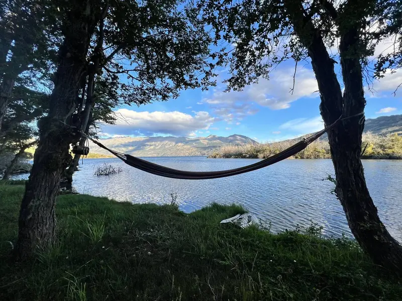 Una hamaca colgada mirando el lago