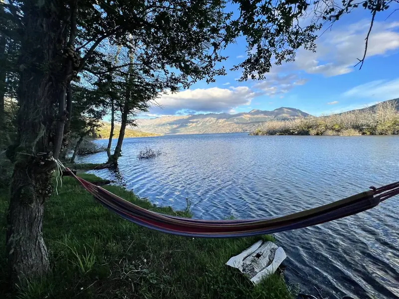 Una hamaca entre dos árboles, a la orilla del lago Brown