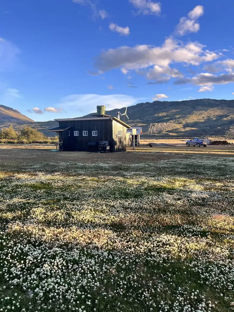 La casa del camping, con el pasto florido