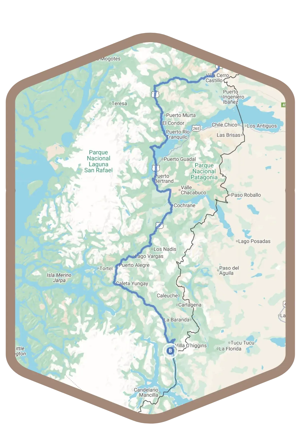 Mapa de la red de micro-refugios a lo largo de la Carretera Austral sur, de Balmaceda a Candelario Mancilla
