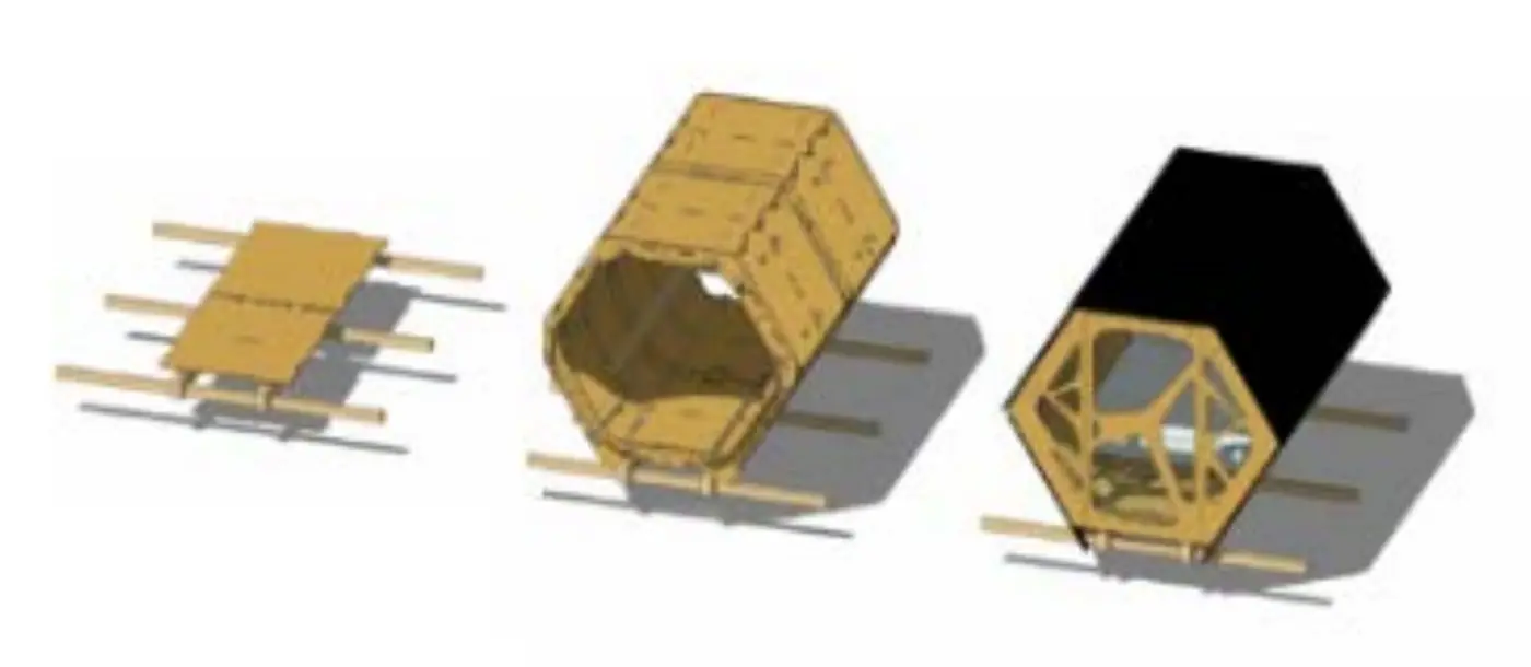 Plano de montaje: la base sobre sus apoyos, el casco encastrado y la cubierta