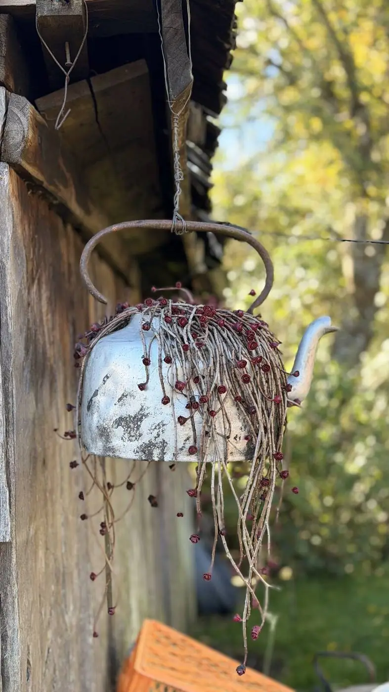 Una tetera colgada en el alero, con una planta